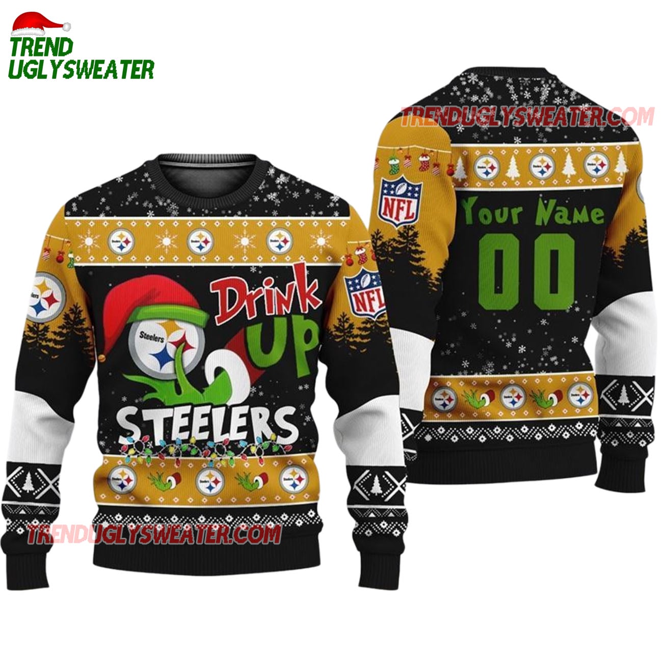 Custom Pittsburgh Steelers Drink Up The Grinch Christmas Ugly Sweater Custom Pittsburgh Steelers Drink Up The Grinch Christmas Ugly Sweater