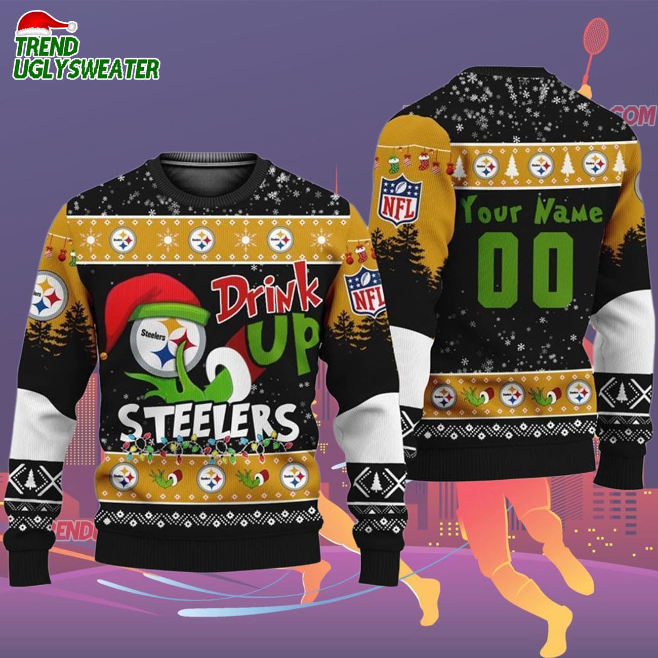 Custom Pittsburgh Steelers Drink Up The Grinch Christmas Ugly Sweater Custom Pittsburgh Steelers Drink Up The Grinch Christmas Ugly Sweater