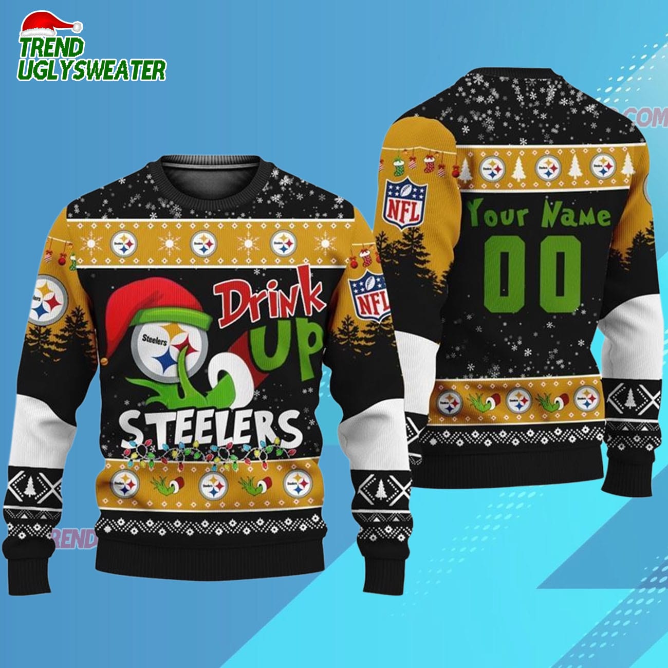 Custom Pittsburgh Steelers Drink Up The Grinch Christmas Ugly Sweater Custom Pittsburgh Steelers Drink Up The Grinch Christmas Ugly Sweater