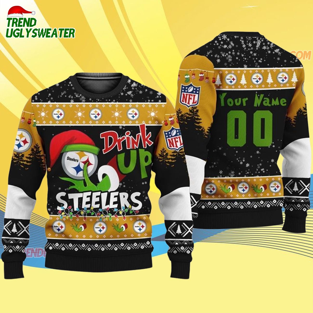 Custom Pittsburgh Steelers Drink Up The Grinch Christmas Ugly Sweater Custom Pittsburgh Steelers Drink Up The Grinch Christmas Ugly Sweater