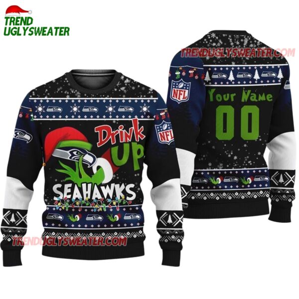 Custom Seattle Seahawks Drink Up The Grinch Christmas Ugly Sweater 1