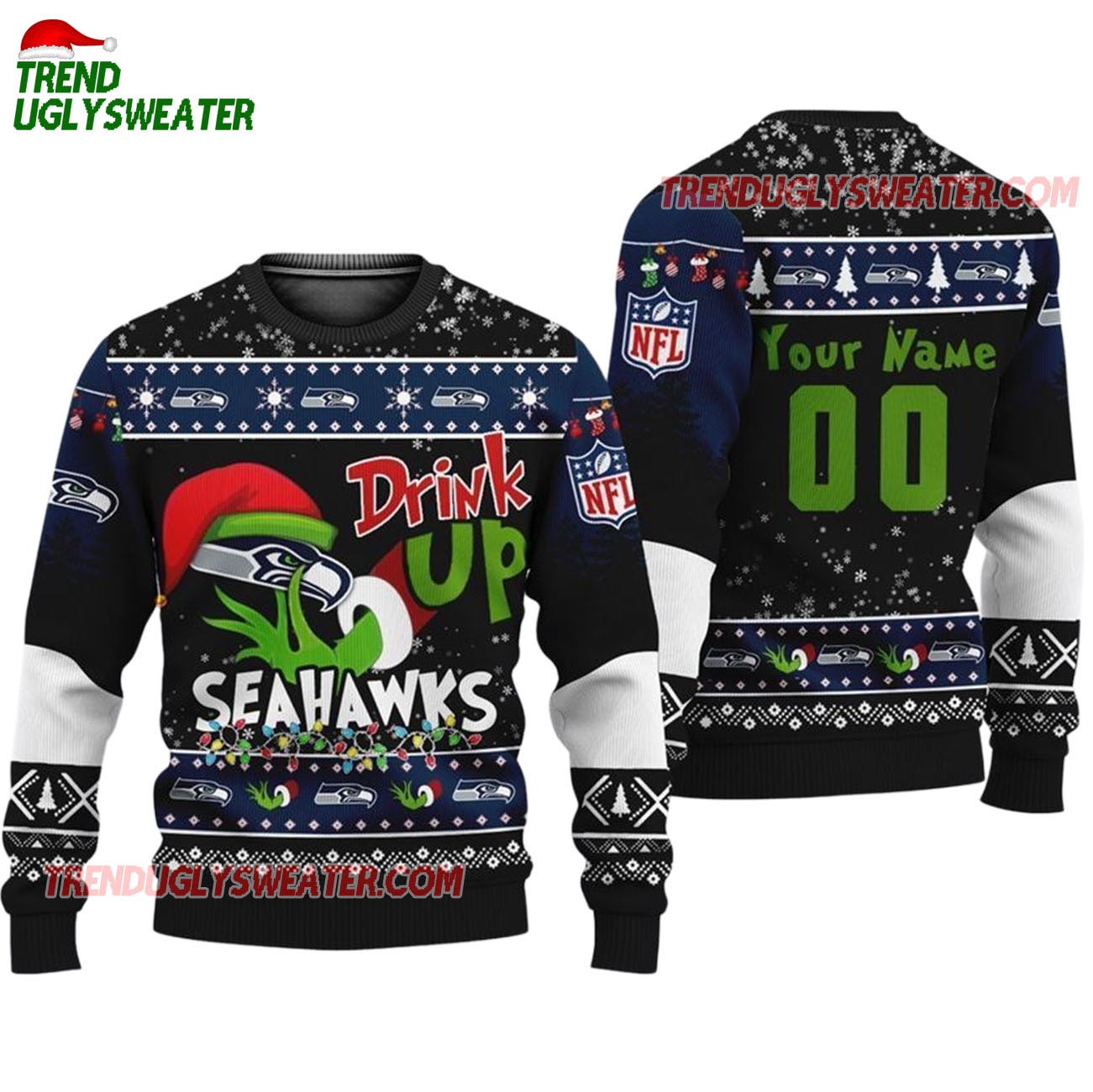 Custom Seattle Seahawks Drink Up The Grinch Christmas Ugly Sweater Custom Seattle Seahawks Drink Up The Grinch Christmas Ugly Sweater