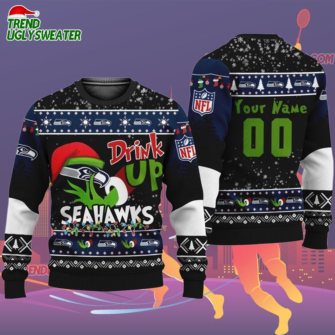 Custom Seattle Seahawks Drink Up The Grinch Christmas Ugly Sweater Custom Seattle Seahawks Drink Up The Grinch Christmas Ugly Sweater