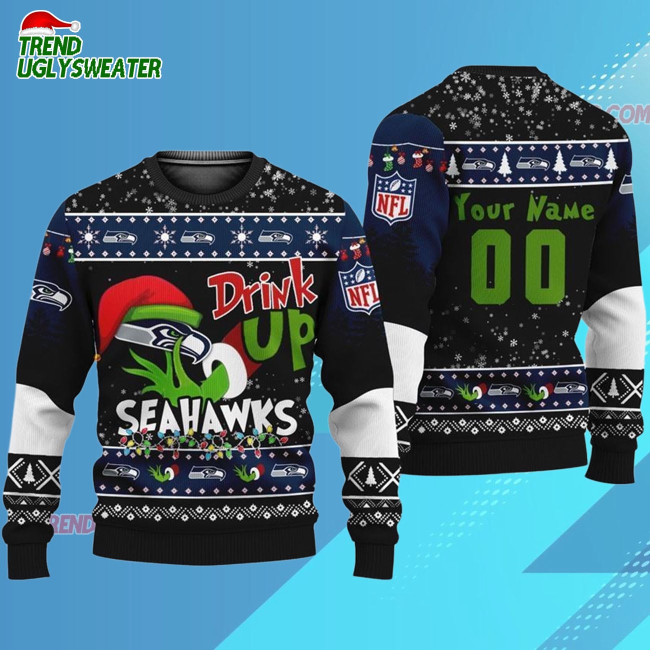 Custom Seattle Seahawks Drink Up The Grinch Christmas Ugly Sweater Custom Seattle Seahawks Drink Up The Grinch Christmas Ugly Sweater