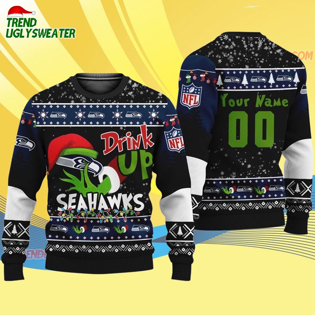 Custom Seattle Seahawks Drink Up The Grinch Christmas Ugly Sweater Custom Seattle Seahawks Drink Up The Grinch Christmas Ugly Sweater