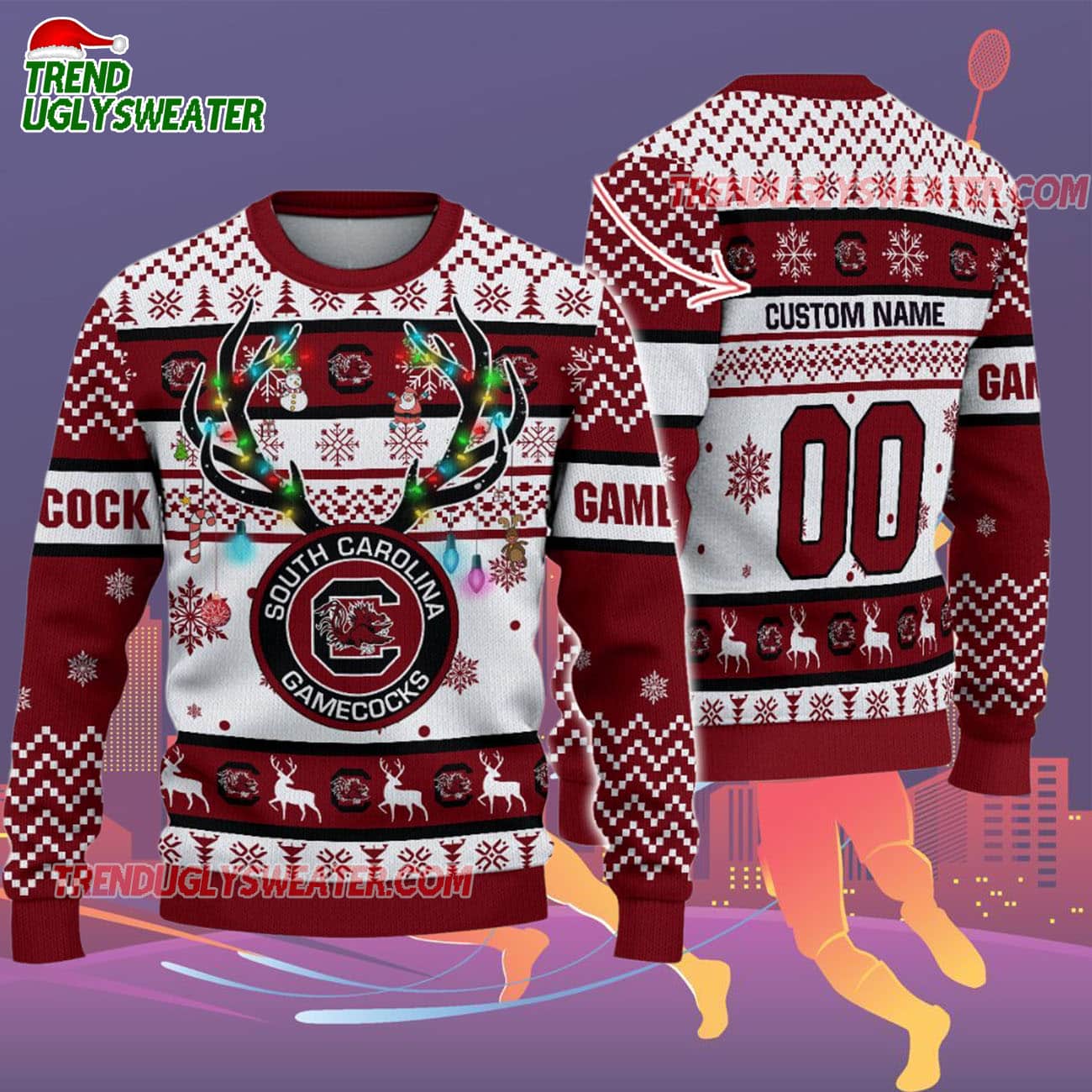 Custom South Carolina Gamecocks Special Reindeer Light Ugly Christmas Sweater Custom South Carolina Gamecocks Special Reindeer Light Ugly Christmas Sweater