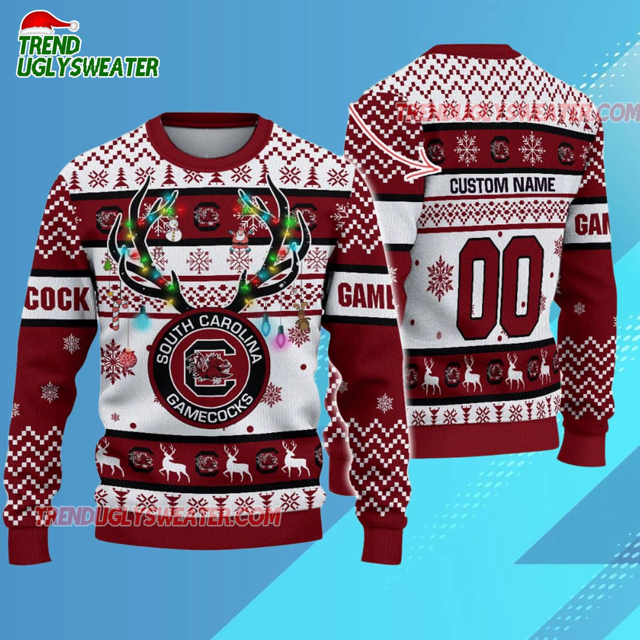 Custom South Carolina Gamecocks Special Reindeer Light Ugly Christmas Sweater Custom South Carolina Gamecocks Special Reindeer Light Ugly Christmas Sweater