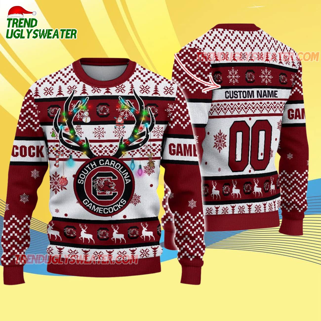 Custom South Carolina Gamecocks Special Reindeer Light Ugly Christmas Sweater Custom South Carolina Gamecocks Special Reindeer Light Ugly Christmas Sweater