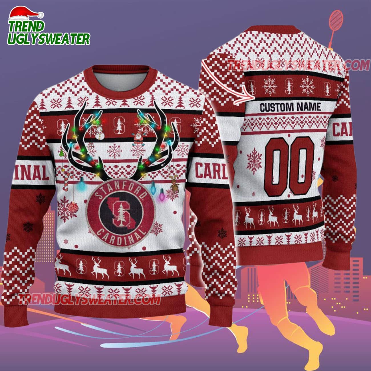Custom Stanford Cardinal Special Reindeer Light Ugly Christmas Sweater Custom Stanford Cardinal Special Reindeer Light Ugly Christmas Sweater