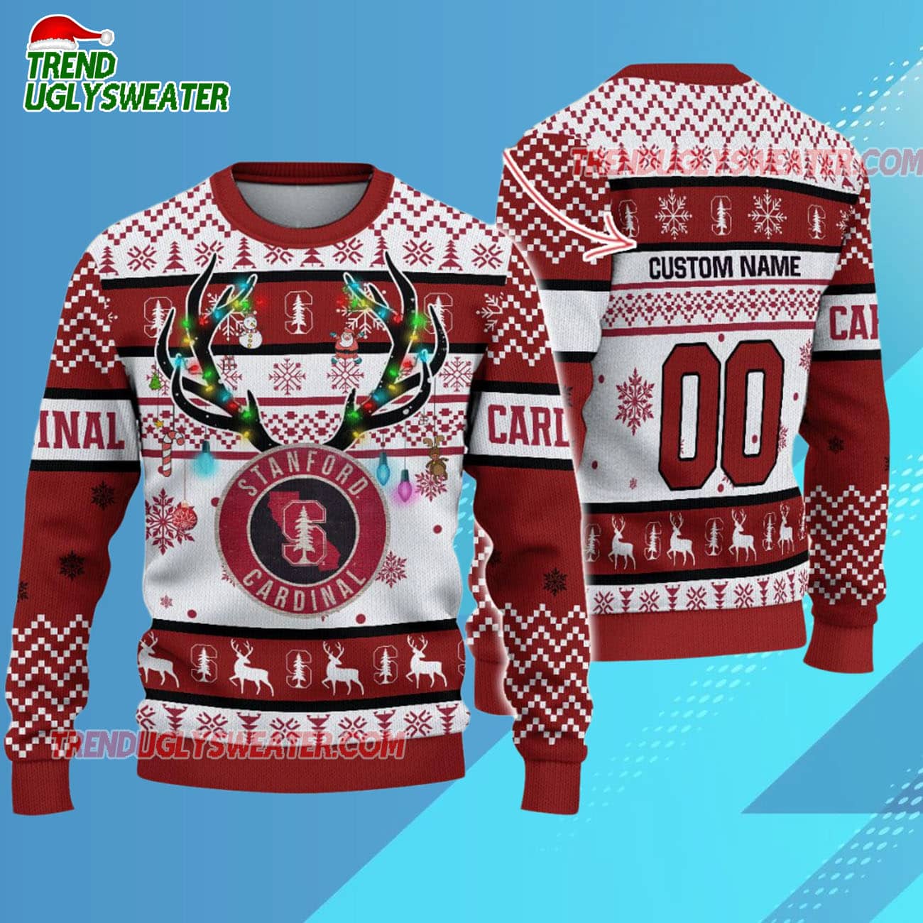 Custom Stanford Cardinal Special Reindeer Light Ugly Christmas Sweater Custom Stanford Cardinal Special Reindeer Light Ugly Christmas Sweater
