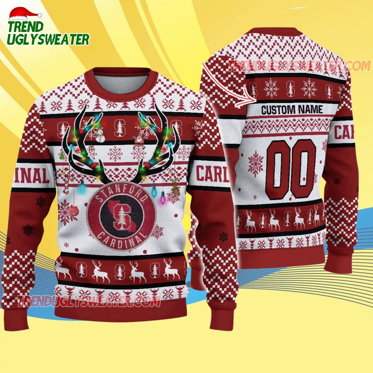 Custom Stanford Cardinal Special Reindeer Light Ugly Christmas Sweater Custom Stanford Cardinal Special Reindeer Light Ugly Christmas Sweater