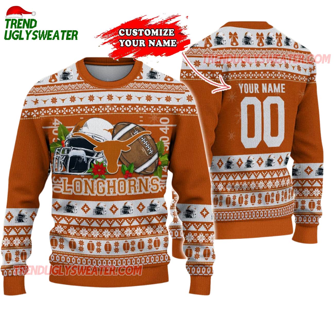 Custom Texas Longhorns Logo Team Football Christmas Ugly Sweater Custom Texas Longhorns Logo Team Football Christmas Ugly Sweater
