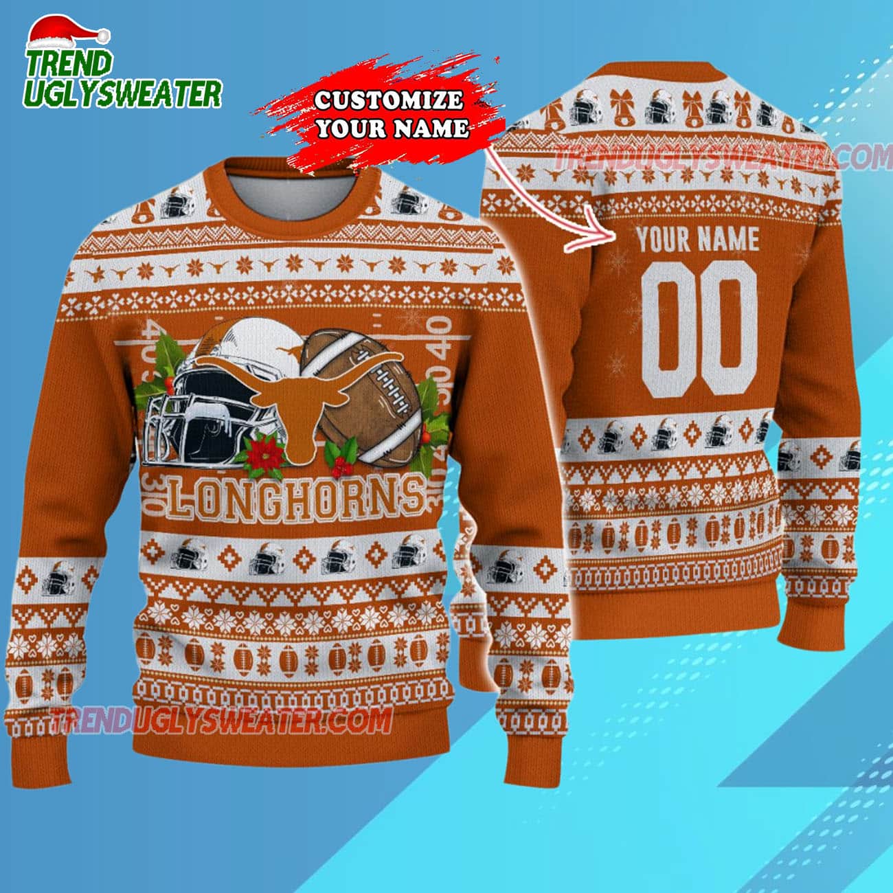 Custom Texas Longhorns Logo Team Football Christmas Ugly Sweater Custom Texas Longhorns Logo Team Football Christmas Ugly Sweater