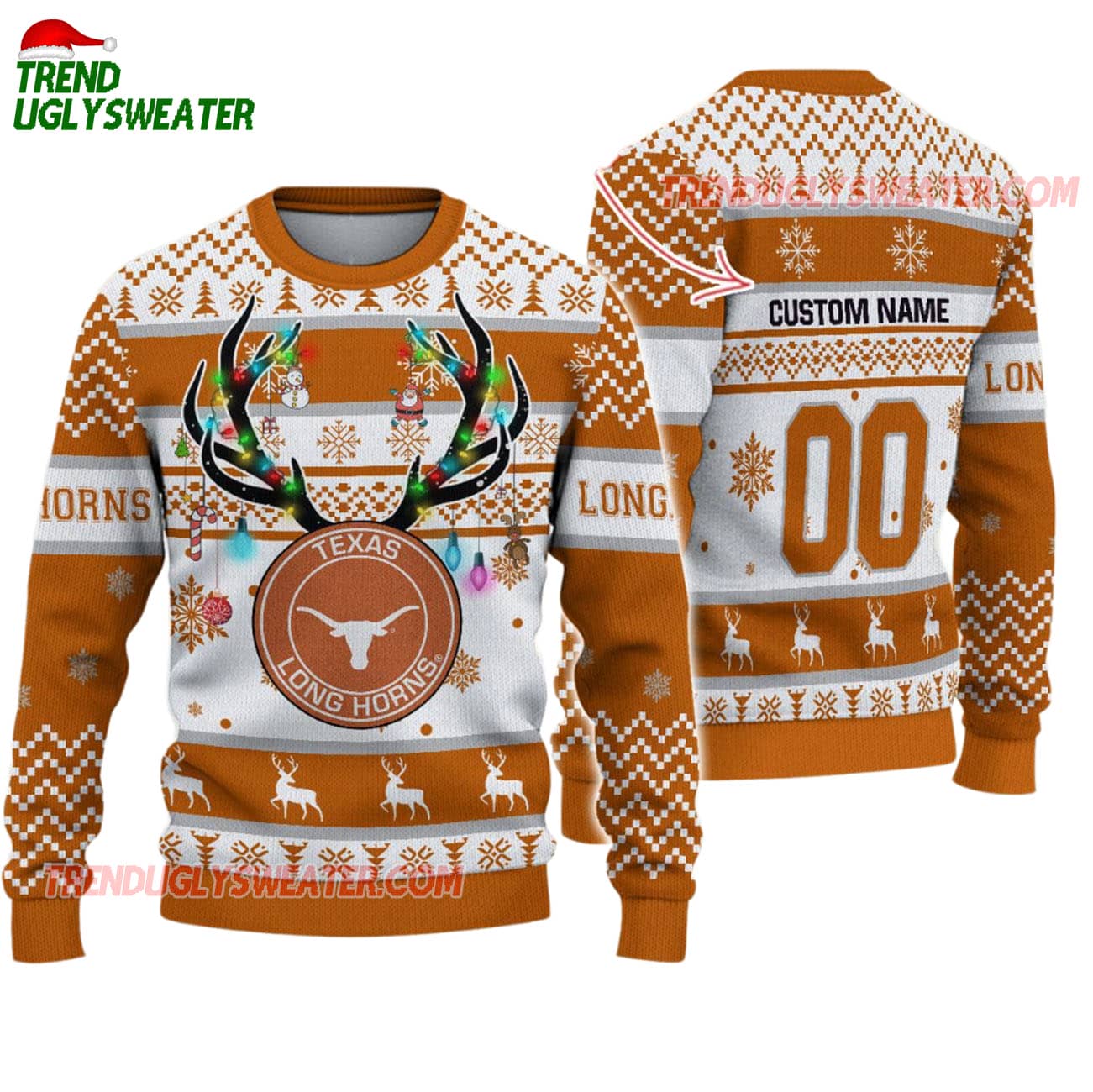 Custom Texas Longhorns Special Reindeer Light Ugly Christmas Sweater Custom Texas Longhorns Special Reindeer Light Ugly Christmas Sweater