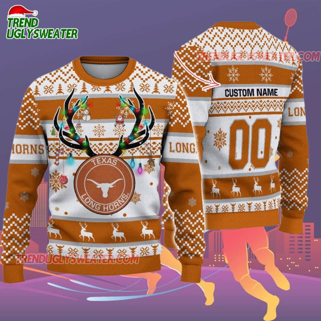 Custom Texas Longhorns Special Reindeer Light Ugly Christmas Sweater 2