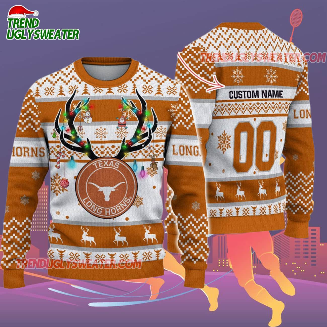 Custom Texas Longhorns Special Reindeer Light Ugly Christmas Sweater Custom Texas Longhorns Special Reindeer Light Ugly Christmas Sweater