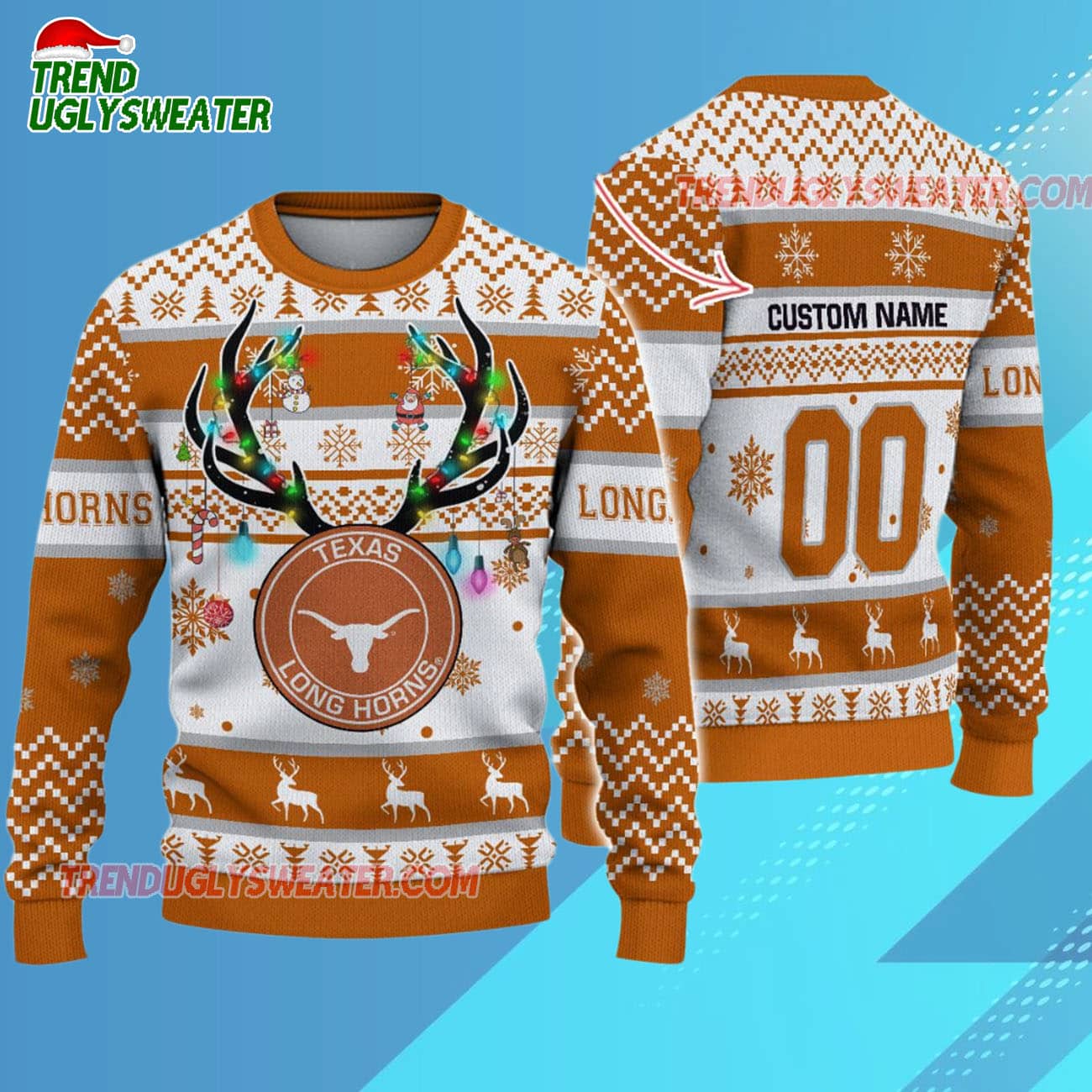 Custom Texas Longhorns Special Reindeer Light Ugly Christmas Sweater Custom Texas Longhorns Special Reindeer Light Ugly Christmas Sweater