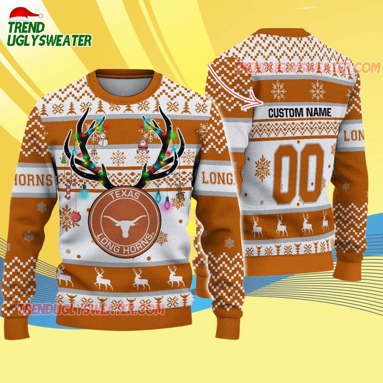 Custom Texas Longhorns Special Reindeer Light Ugly Christmas Sweater Custom Texas Longhorns Special Reindeer Light Ugly Christmas Sweater
