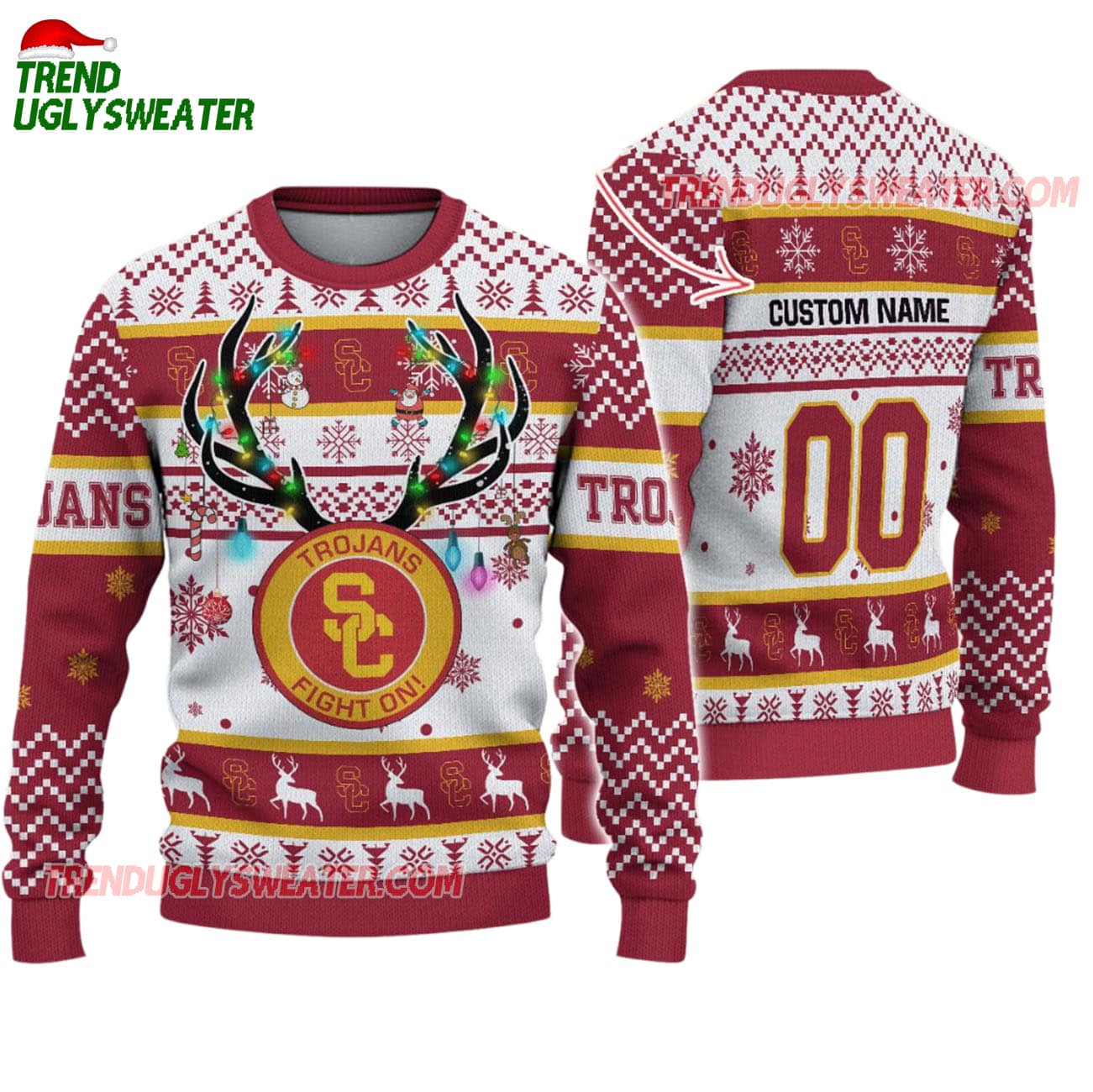 Custom Usc Trojans Special Reindeer Light Ugly Christmas Sweater Custom Usc Trojans Special Reindeer Light Ugly Christmas Sweater