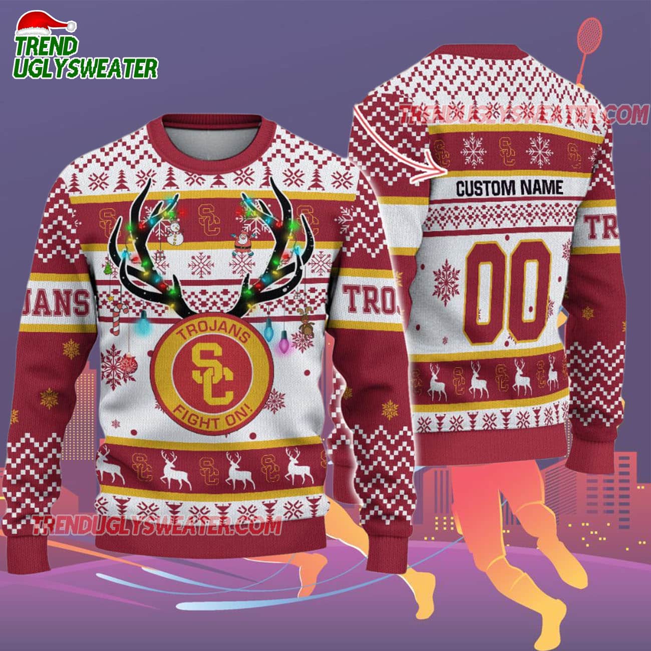 Custom Usc Trojans Special Reindeer Light Ugly Christmas Sweater Custom Usc Trojans Special Reindeer Light Ugly Christmas Sweater