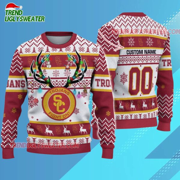 Custom Usc Trojans Special Reindeer Light Ugly Christmas Sweater 3