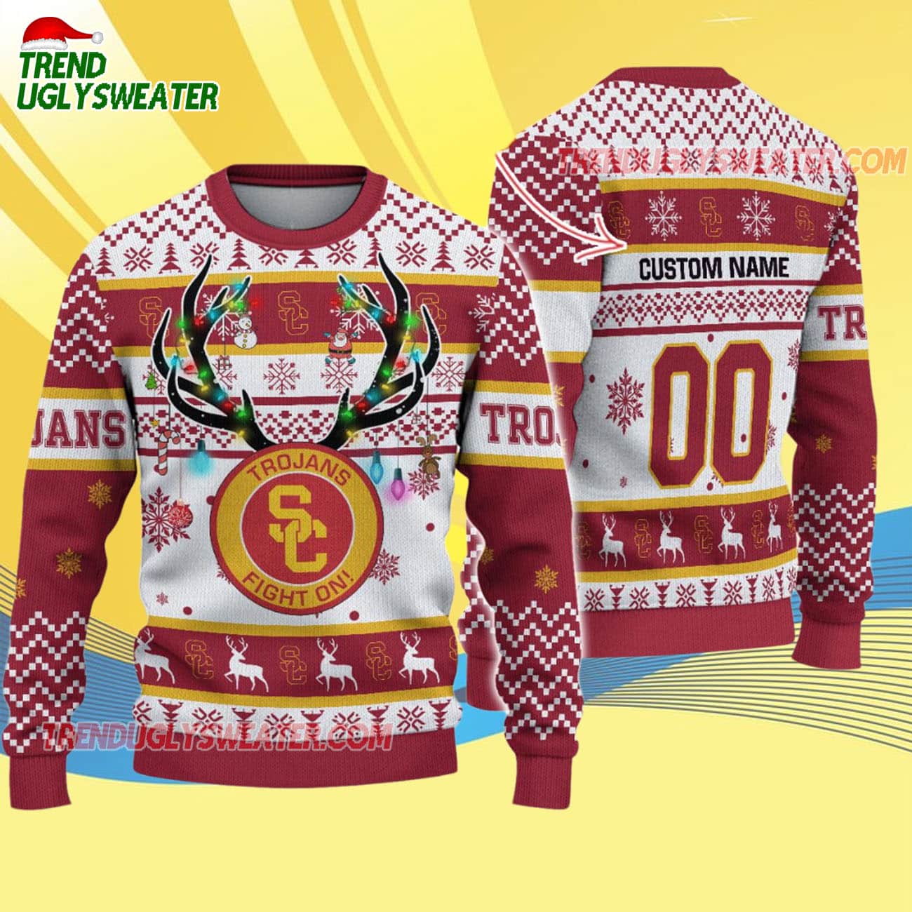 Custom Usc Trojans Special Reindeer Light Ugly Christmas Sweater Custom Usc Trojans Special Reindeer Light Ugly Christmas Sweater