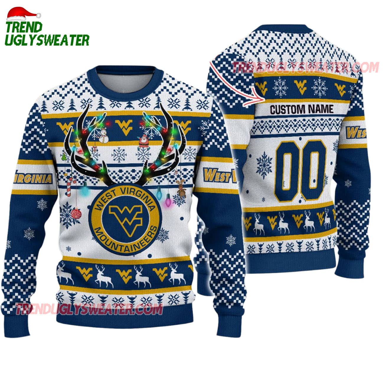 Custom West Virginia Mountaineers Special Reindeer Light Ugly Christmas Sweater Custom West Virginia Mountaineers Special Reindeer Light Ugly Christmas Sweater