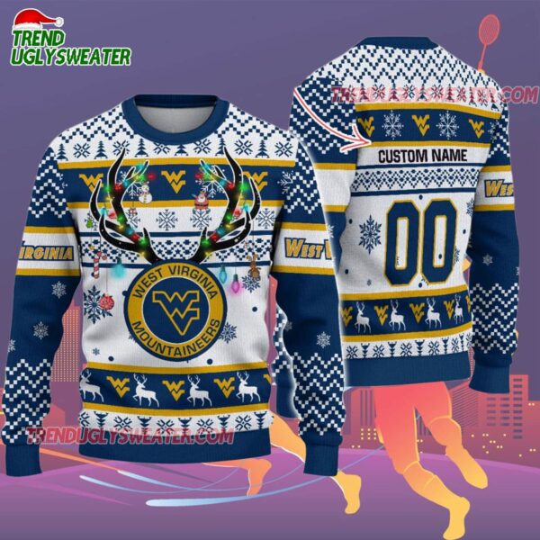 Custom West Virginia Mountaineers Special Reindeer Light Ugly Christmas Sweater 2