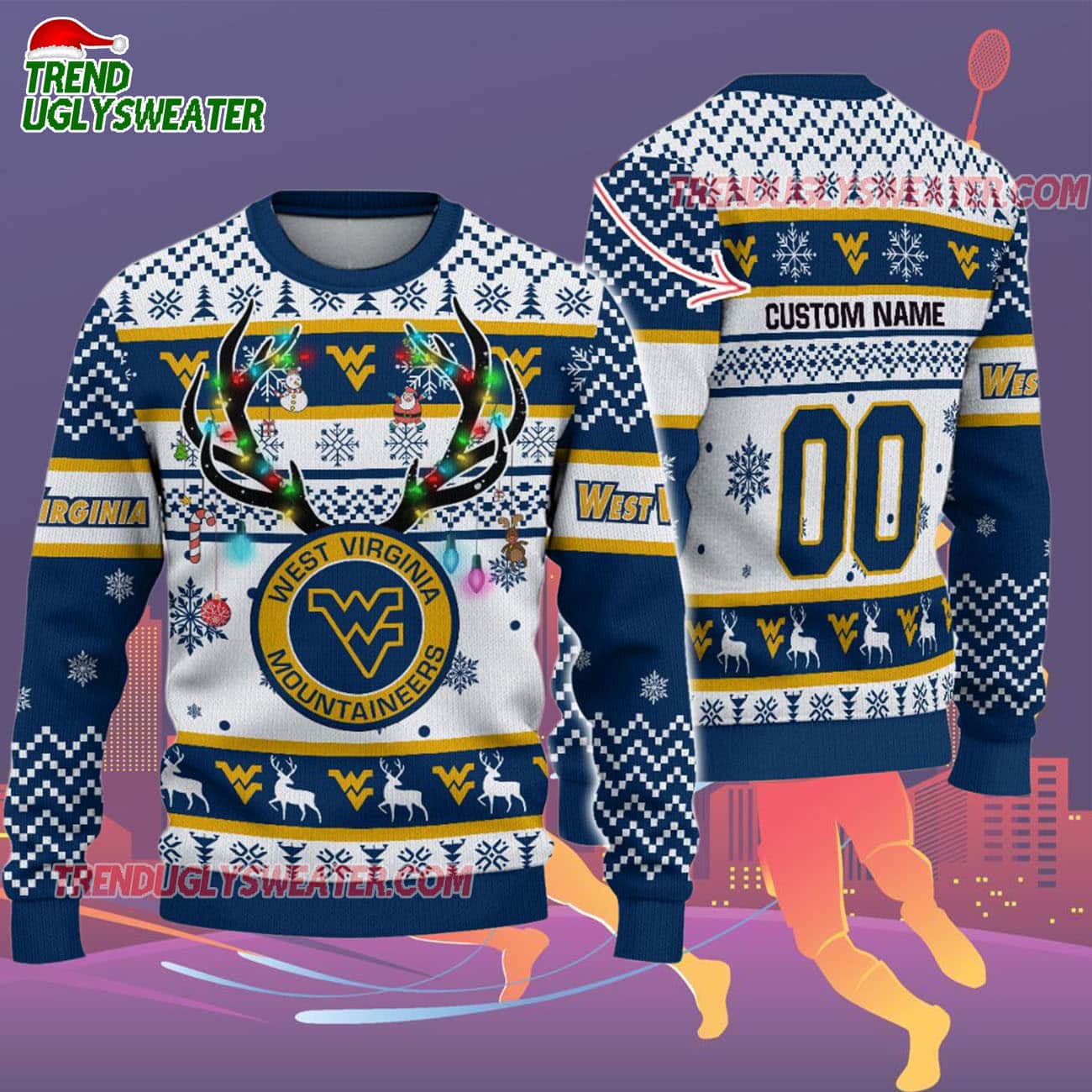 Custom West Virginia Mountaineers Special Reindeer Light Ugly Christmas Sweater Custom West Virginia Mountaineers Special Reindeer Light Ugly Christmas Sweater