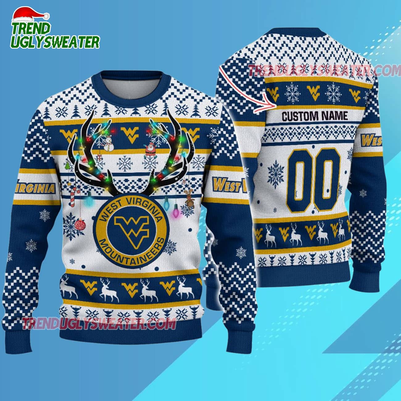 Custom West Virginia Mountaineers Special Reindeer Light Ugly Christmas Sweater Custom West Virginia Mountaineers Special Reindeer Light Ugly Christmas Sweater