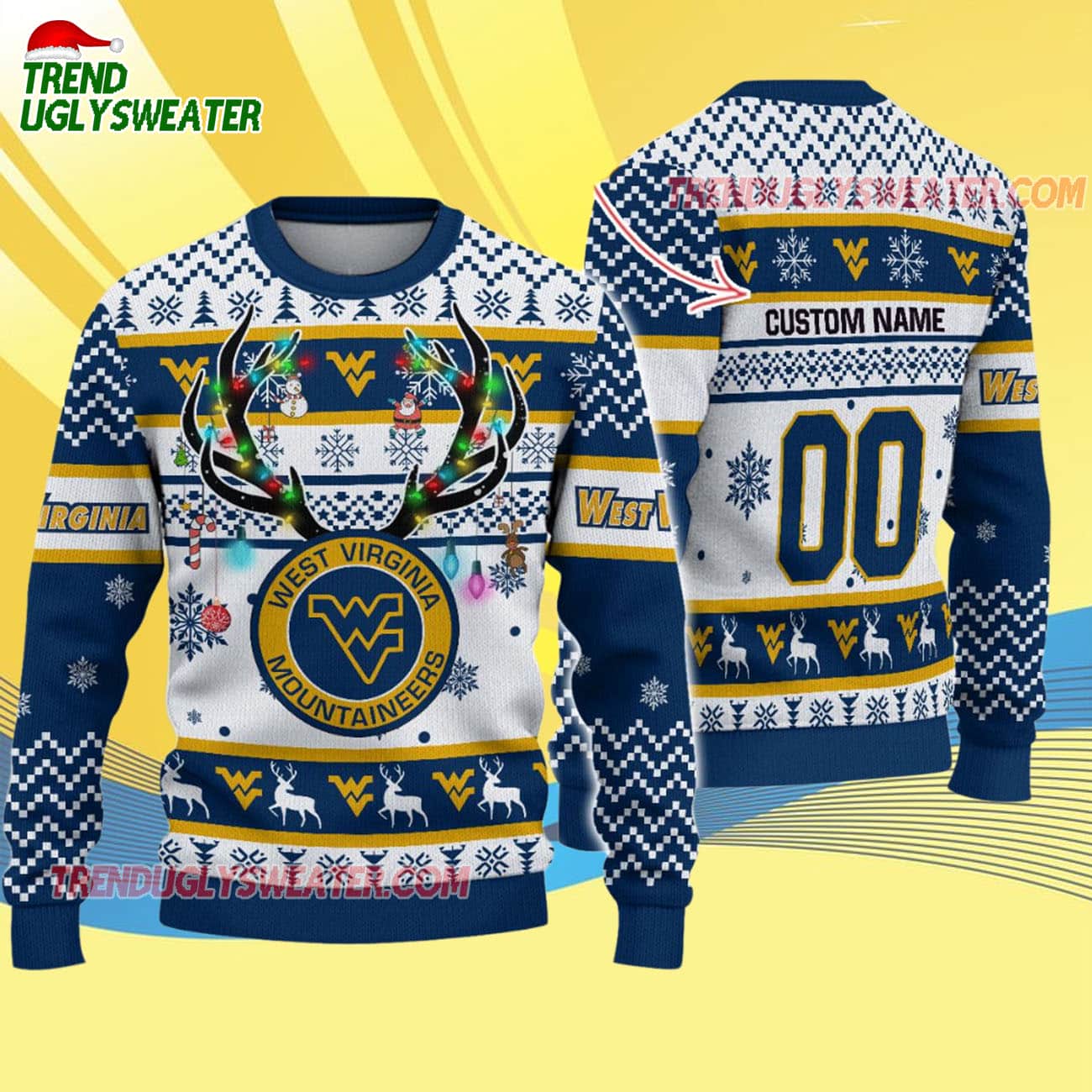 Custom West Virginia Mountaineers Special Reindeer Light Ugly Christmas Sweater Custom West Virginia Mountaineers Special Reindeer Light Ugly Christmas Sweater