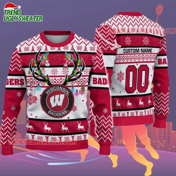 Custom Wisconsin Badgers Special Reindeer Light Ugly Christmas Sweater 2