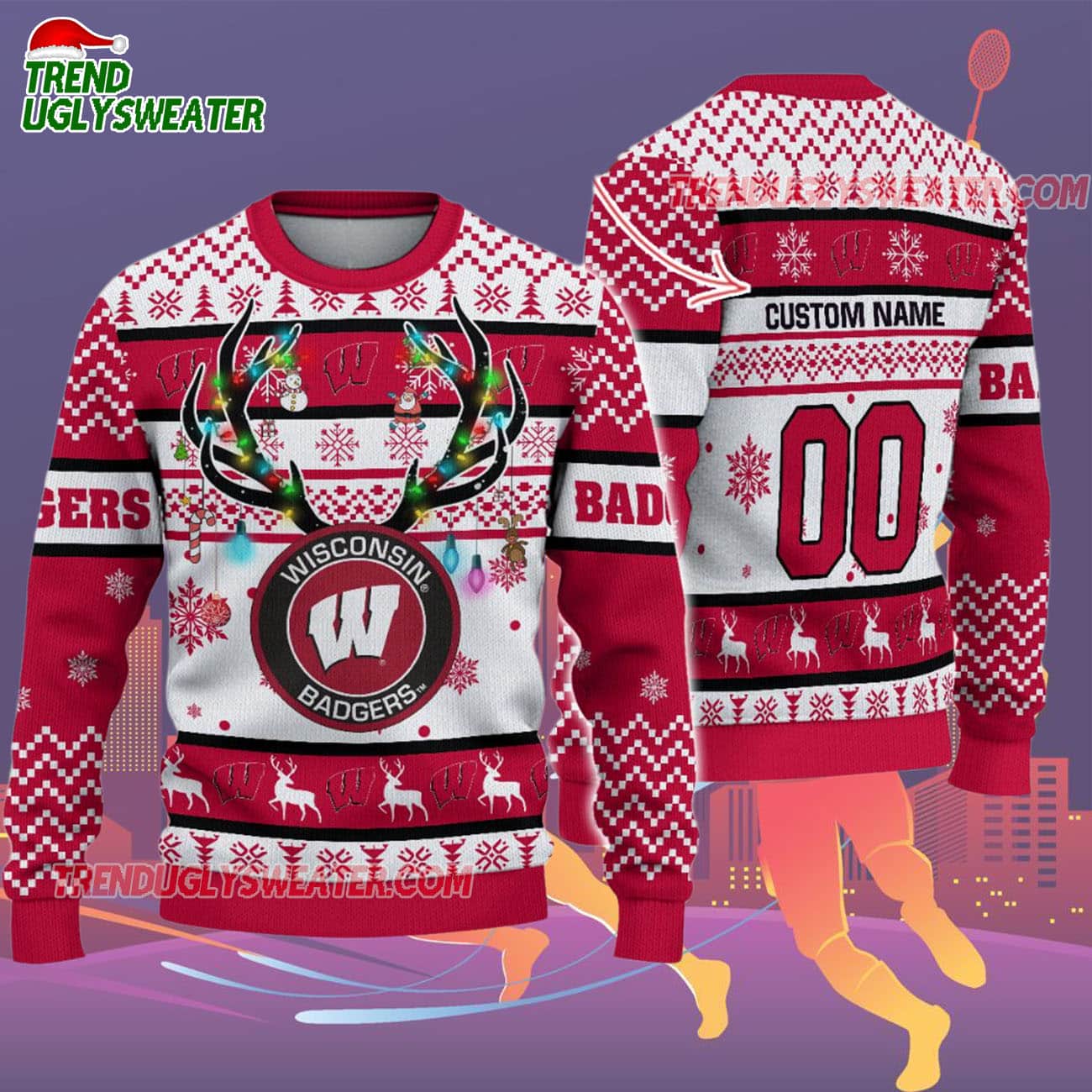 Custom Wisconsin Badgers Special Reindeer Light Ugly Christmas Sweater Custom Wisconsin Badgers Special Reindeer Light Ugly Christmas Sweater
