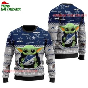 Dallas Cowboys Baby Yoda Hug The Ball Christmas Ugly Sweater 1