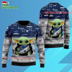 Dallas Cowboys Baby Yoda Hug The Ball Christmas Ugly Sweater 3