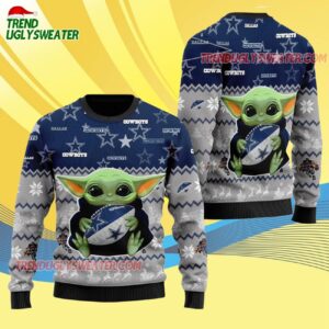 Dallas Cowboys Baby Yoda Hug The Ball Christmas Ugly Sweater 4
