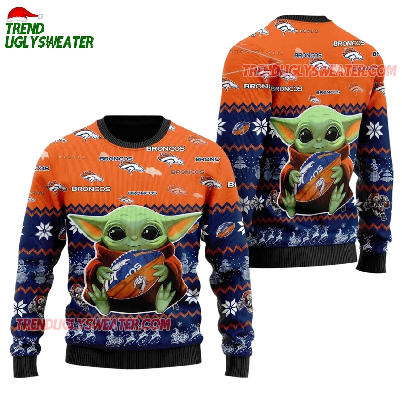 Denver Broncos Baby Yoda Hug The Ball Christmas Ugly Sweater Denver Broncos Baby Yoda Hug The Ball Christmas Ugly Sweater