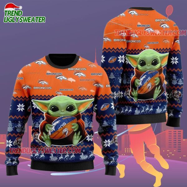 Denver Broncos Baby Yoda Hug The Ball Christmas Ugly Sweater 2