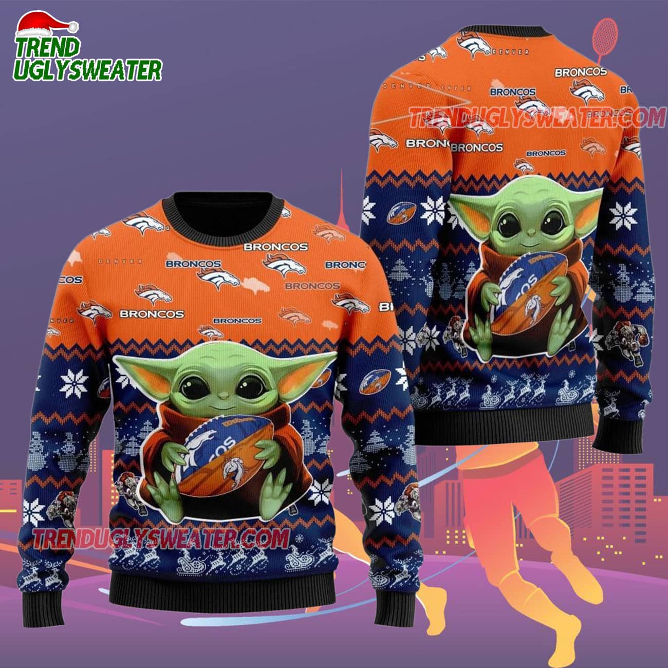 Denver Broncos Baby Yoda Hug The Ball Christmas Ugly Sweater Denver Broncos Baby Yoda Hug The Ball Christmas Ugly Sweater