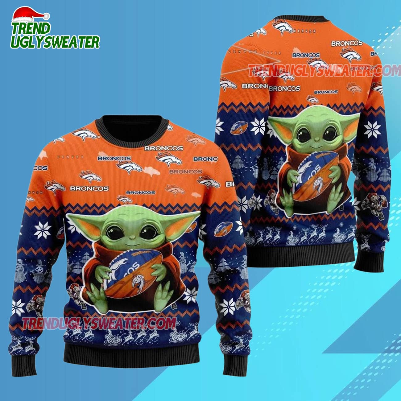 Denver Broncos Baby Yoda Hug The Ball Christmas Ugly Sweater Denver Broncos Baby Yoda Hug The Ball Christmas Ugly Sweater