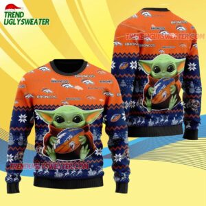 Denver Broncos Baby Yoda Hug The Ball Christmas Ugly Sweater 4