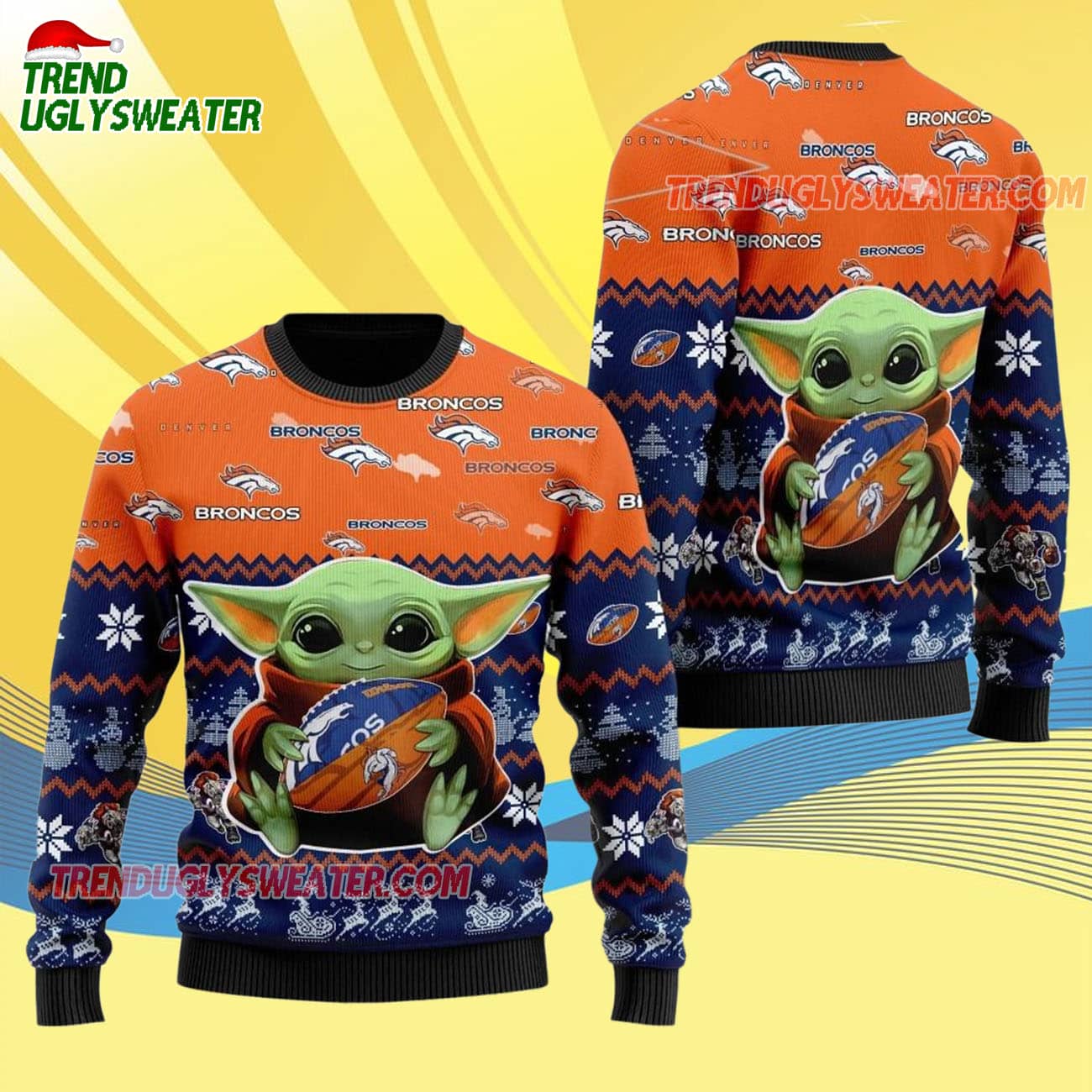 Denver Broncos Baby Yoda Hug The Ball Christmas Ugly Sweater Denver Broncos Baby Yoda Hug The Ball Christmas Ugly Sweater