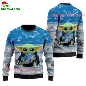 Detroit Lions Baby Yoda Hug The Ball Christmas Ugly Sweater 1