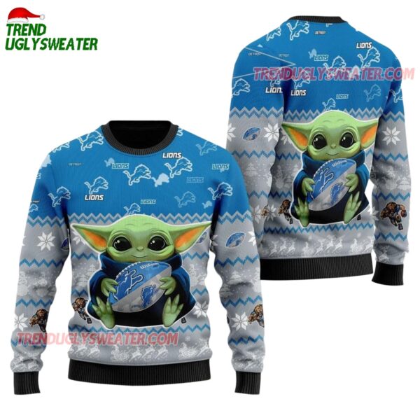 Detroit Lions Baby Yoda Hug The Ball Christmas Ugly Sweater 1