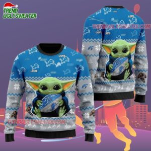 Detroit Lions Baby Yoda Hug The Ball Christmas Ugly Sweater 2