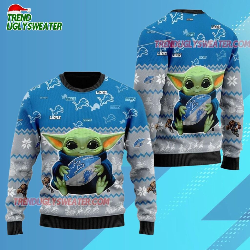 Detroit Lions Baby Yoda Hug The Ball Christmas Ugly Sweater 3