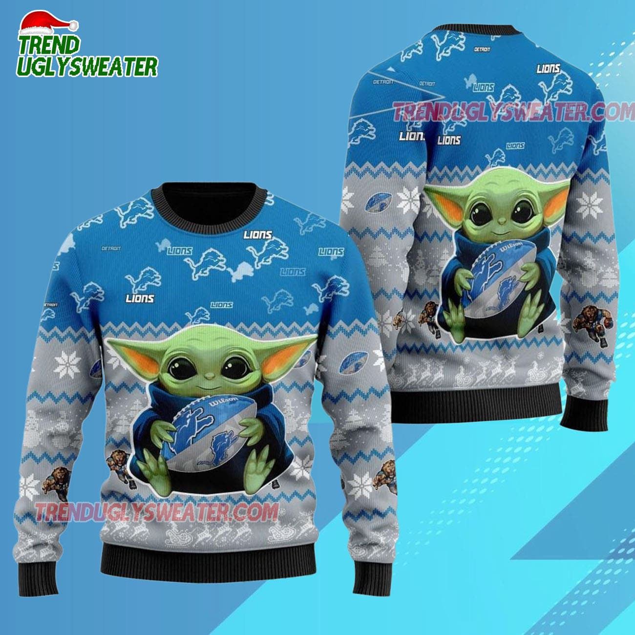 Detroit Lions Baby Yoda Hug The Ball Christmas Ugly Sweater Detroit Lions Baby Yoda Hug The Ball Christmas Ugly Sweater
