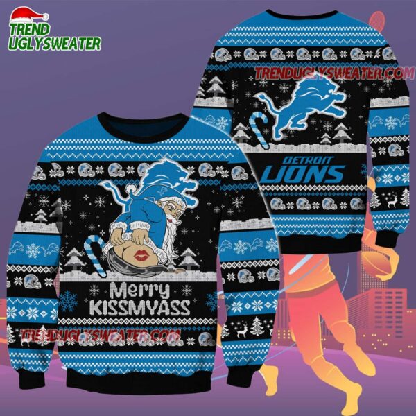 Detroit Lions Merrykissmyass Funny Santa Claus Christmas Ugly Sweater 2