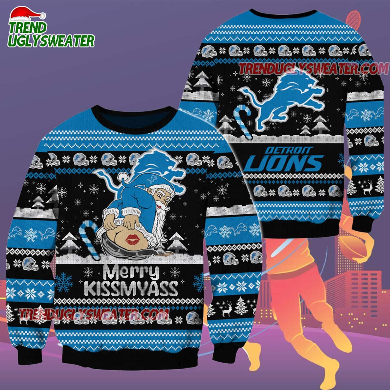 Detroit Lions Merrykissmyass Funny Santa Claus Christmas Ugly Sweater Detroit Lions Merrykissmyass Funny Santa Claus Christmas Ugly Sweater