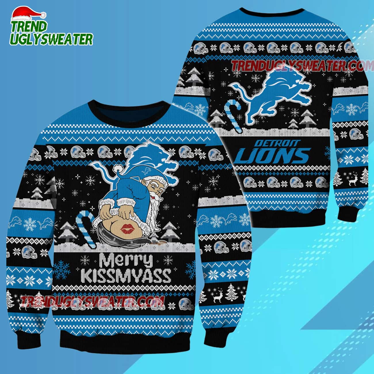Detroit Lions Merrykissmyass Funny Santa Claus Christmas Ugly Sweater Detroit Lions Merrykissmyass Funny Santa Claus Christmas Ugly Sweater